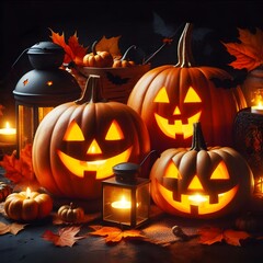 Decorative Halloween pumpkins with carved faces, autumn leaves, and a lantern