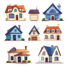 Fototapeta premium cartoon house, residential suburban cottage, and country houses isolated on white background. Cartoon private house isolated on white background 