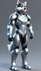 Fototapeta premium modern dog in a futuristic silver suit with an urban vibe