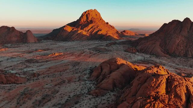 An aerial view of the scenic rocks in the morning in Spitzkoppe, Namibia