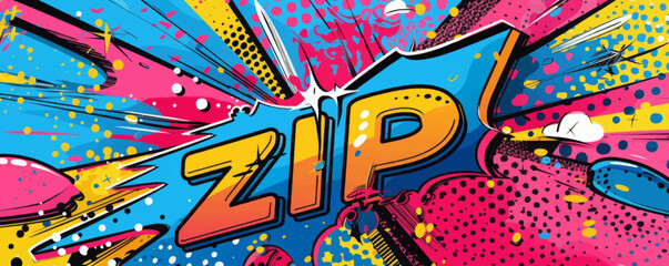 Colorful pop art background with "ZIP" inside. Explosion theme, Bold graphics, Vibrant vector