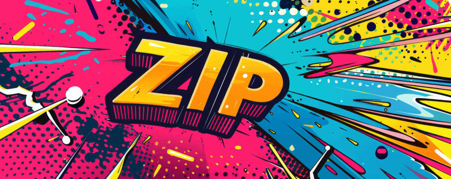 Fototapeta Playful pop art background with "ZIP" text. Dynamic visuals, Bold graphics, Colorful vector