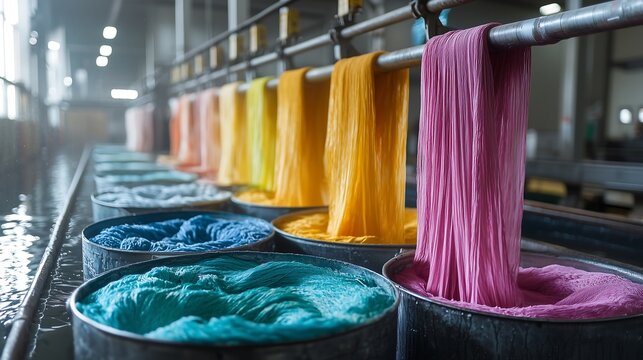 A vibrant scene of colorful dye flowing into containers, showcasing the textile dyeing process in an industrial setting.