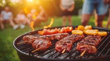 A vibrant barbecue scene with grilled skewers and vegetables, set outdoors during sunset, surrounded by people enjoying a summer gathering.