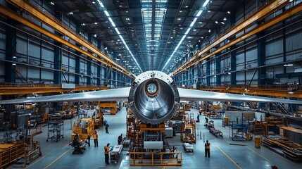 A vibrant aircraft assembly facility featuring a large airplane under construction, surrounded by workers and various machinery in a well-lit environment.