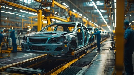 Obraz premium A car body is being constructed on an assembly line in a large factory, with workers and machinery visible in a well-lit industrial setting.