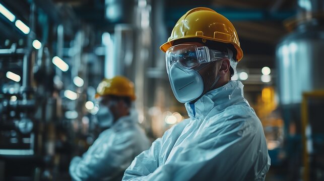 Two industrial workers in protective gear, including helmets and masks, stand in a factory, showcasing safety measures in a manufacturing environment.