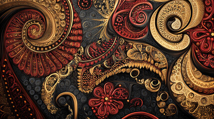 An illustration of a detailed paisley pattern with intricate lines and a rich color palette.
