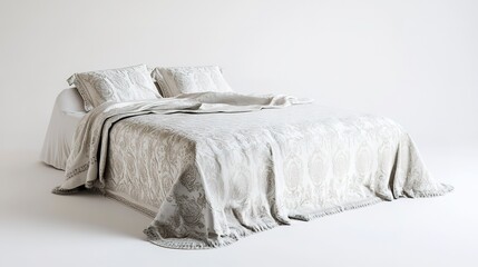 A lifelike 3D render of a luxurious bedspread with elegant patterns, isolated on a pristine white background 