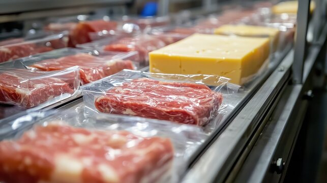 A conveyor belt with meat and cheese in plastic packaging, super process food