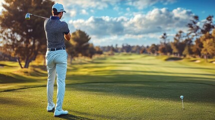 Obraz premium A man is playing golf on a green course