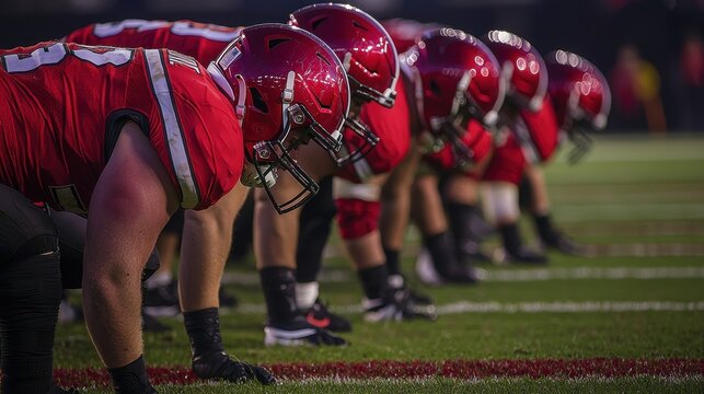 A group of football players are lined up on the field, ready to play