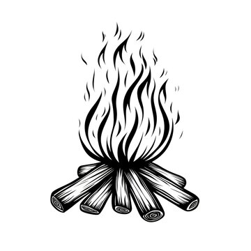 recommend clip art: A campfire icon (barbaric/tribal); printable, monochrome, sharp bold black lines, vector line art, isolated on white 