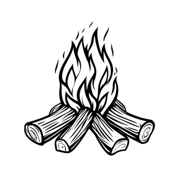 recommend clip art: A campfire icon (barbaric/tribal); printable, monochrome, sharp bold black lines, vector line art, isolated on white 