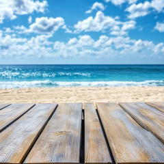 Fototapeta premium wooden deck table overlooks serene beach with gentle waves and bright blue sky filled with fluffy clouds, creating peaceful and inviting atmosphere