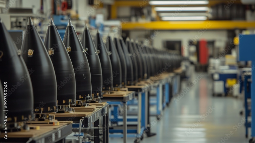 Aufkleber A long row of black, conical objects are arranged on a table in a factory. The objects have a pointed tip and are lined up in a straight line. The factory floor is visible in the background.