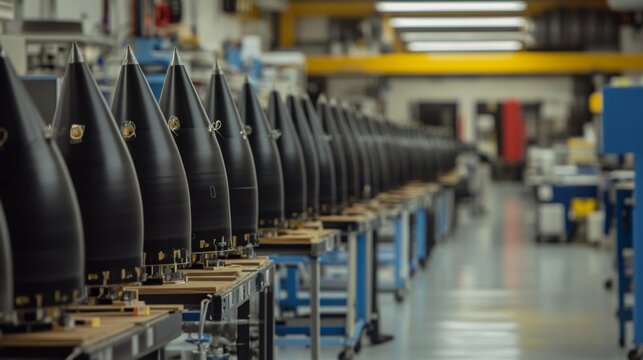 A long row of black, conical objects are arranged on a table in a factory. The objects have a pointed tip and are lined up in a straight line. The factory floor is visible in the background.