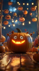 Halloween party pumpkins, a whimsical, cute and glamorous life, colorful, happy, cute, empty space in the middle