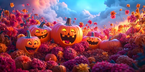 Naklejka premium Halloween party pumpkins, a whimsical, cute and glamorous life, colorful, happy, cute, empty space in the middle