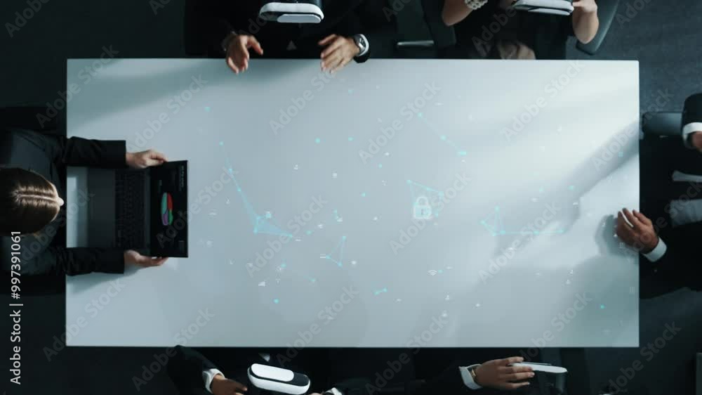 Poster top view of diverse data analysts wearing vr headsets to enter security code while using hand gestur