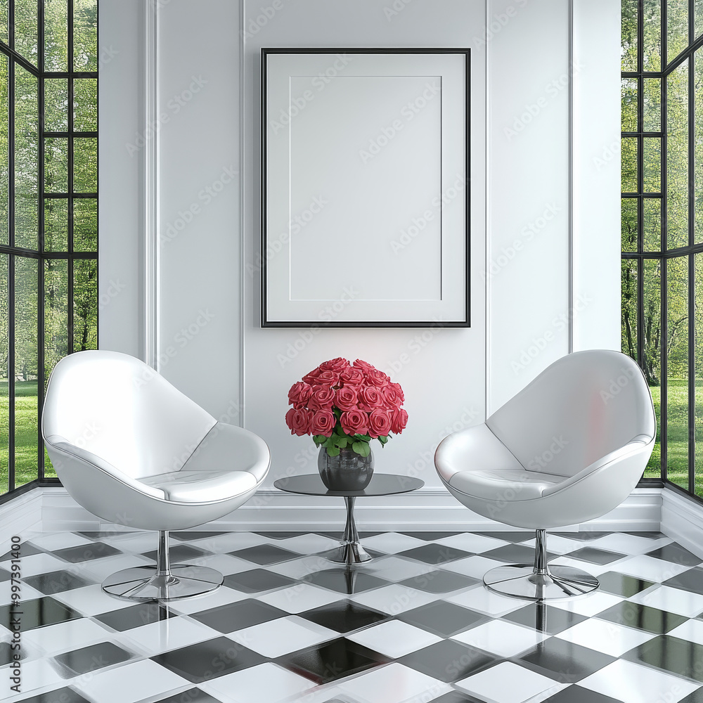 Wall mural modern interior featuring two sleek white chairs and round table with vibrant bouquet of roses, set 