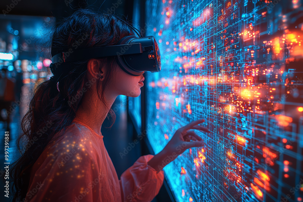 Aufkleber A user navigating a virtual reality puzzle game with interactive elements and complex challenges in a digital setting. Concept of VR problem-solving.