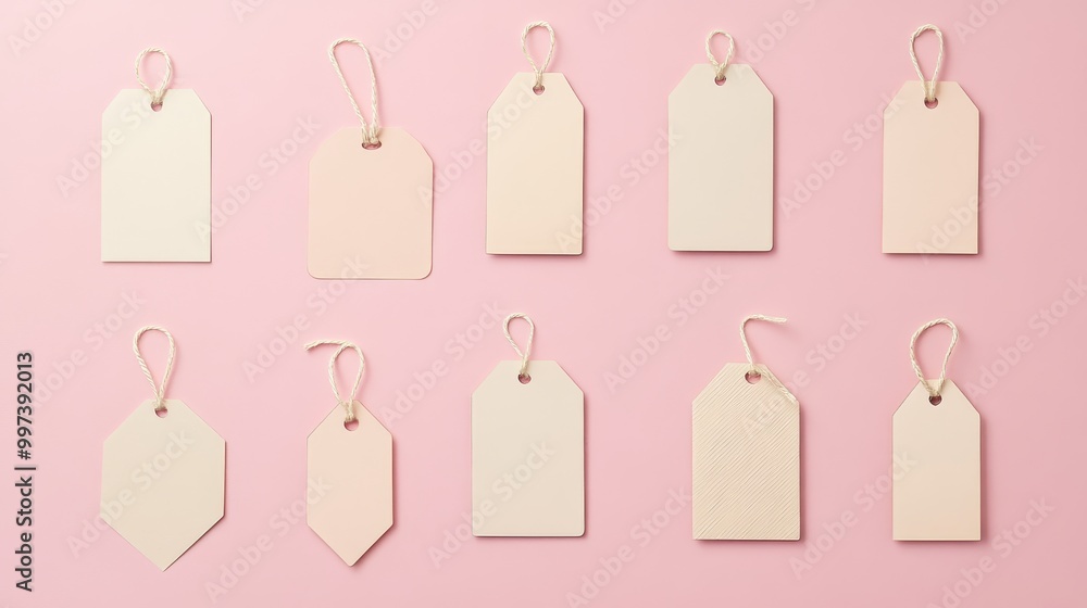 Aufkleber flat lay arrangement featuring a collection of clean, modern labels and tags neatly placed on a soft