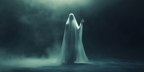 Ghost waving goodbye with hand, wearing ghostly white sheet, Halloween background