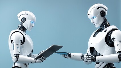 Two humanoid robots exchanging data on tablets in a modern setting.
