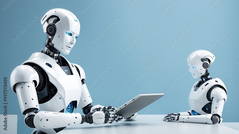 Poster two humanoid robots interact with a tablet, showcasing technology and innovation.