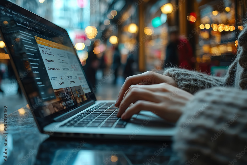 Poster a person using a laptop to compare prices and products on multiple online stores. concept of price c