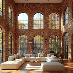 spacious living room featuring large arched windows, exposed brick walls, and cozy sectional sofa. warm autumn light creates welcoming atmosphere, perfect for relaxation