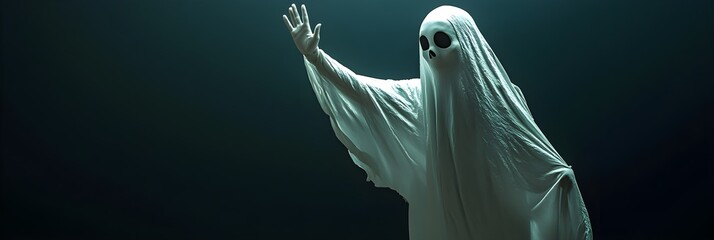 Ghost waving goodbye with hand, wearing ghostly white sheet, Halloween background