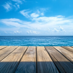 serene wooden deck extends over tranquil blue sea under bright sky, creating peaceful atmosphere perfect for relaxation and contemplation