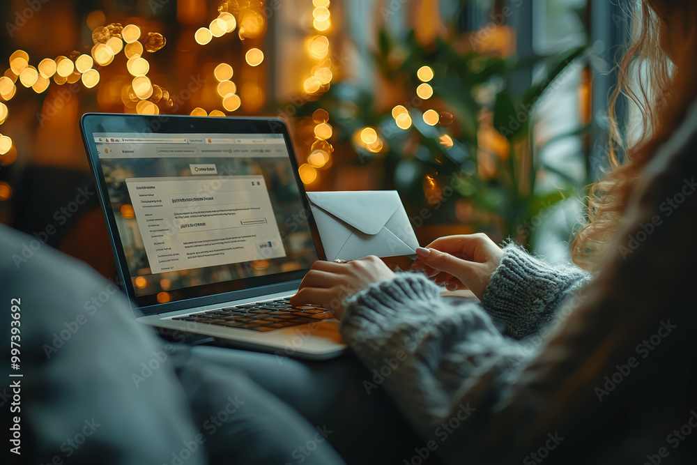 Poster a person completing an online purchase on a laptop, with an order confirmation email visible on the 