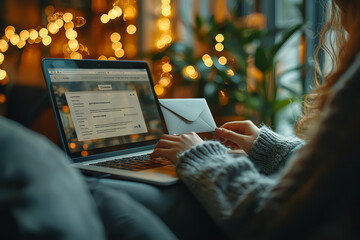 A person completing an online purchase on a laptop, with an order confirmation email visible on the screen. Concept of secure checkout.