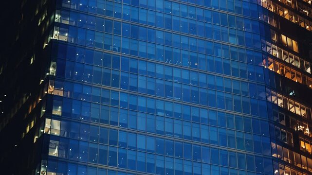 Day to night time-lapse timeslice effect blinking office windows lights, high-rise glass skyscraper business building in city downtown, work non-stop, turn on and off, endless work without breaks