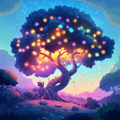 Glowing tree with multicolored lights growing in fantasy world, surrounded by curious creatures. Vector illustration.