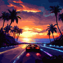 Pixel art of a retro-futuristic car driving down a neon-lit road with palm trees and a glowing sunset.