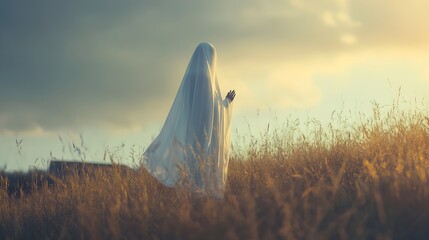 Ghost waving goodbye with hand, wearing ghostly white sheet, Halloween background