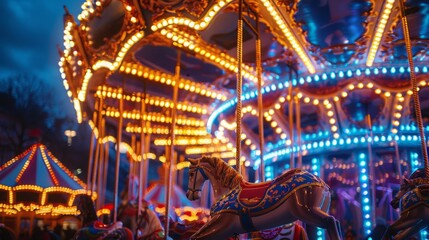 A merry go round with colorful lights and horses on it .