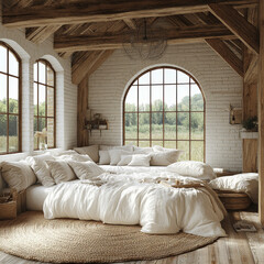 Fototapeta premium cozy interior featuring spacious bedroom with white brick wall, large windows, and rustic wooden beams. room is adorned with soft bedding and natural textures, creating warm and inviting atmosphere
