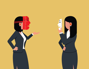 Hypocrisy emblem, Fake businesswomen. Businesswomen wearing a mask confronting each other