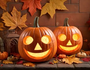 Decorative Halloween pumpkins with carved faces, autumn leaves, and a lantern