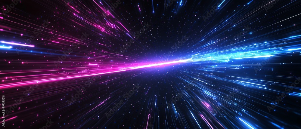 Poster black background with blue and purple straight light track lines, creating a hightech and futuristic