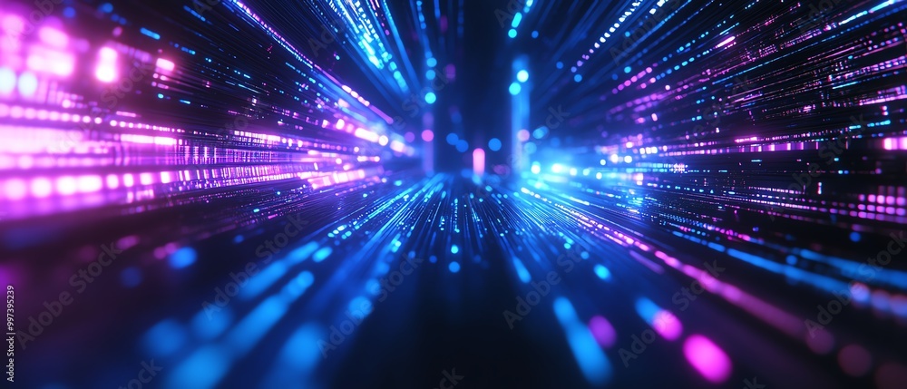 Poster black background with blue and purple straight light track lines, creating a hightech and futuristic