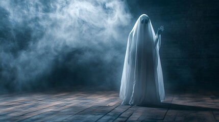 Ghost waving goodbye with hand, wearing ghostly white sheet, Halloween background