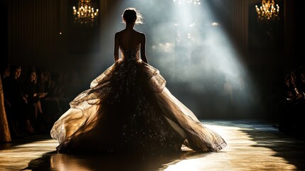 Fototapeta premium A silhouette of a model in an elegant gown on a fashion runway, illuminated by dramatic lighting.