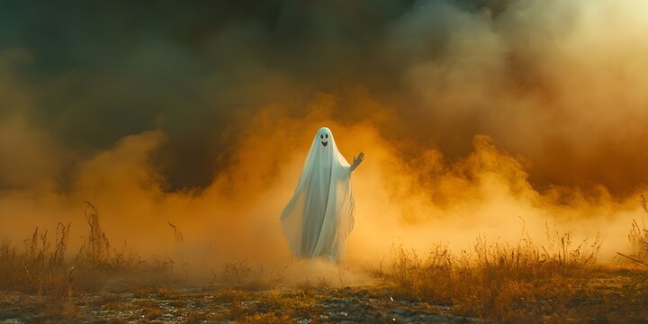 Ghost waving goodbye with hand, wearing ghostly white sheet, Halloween background