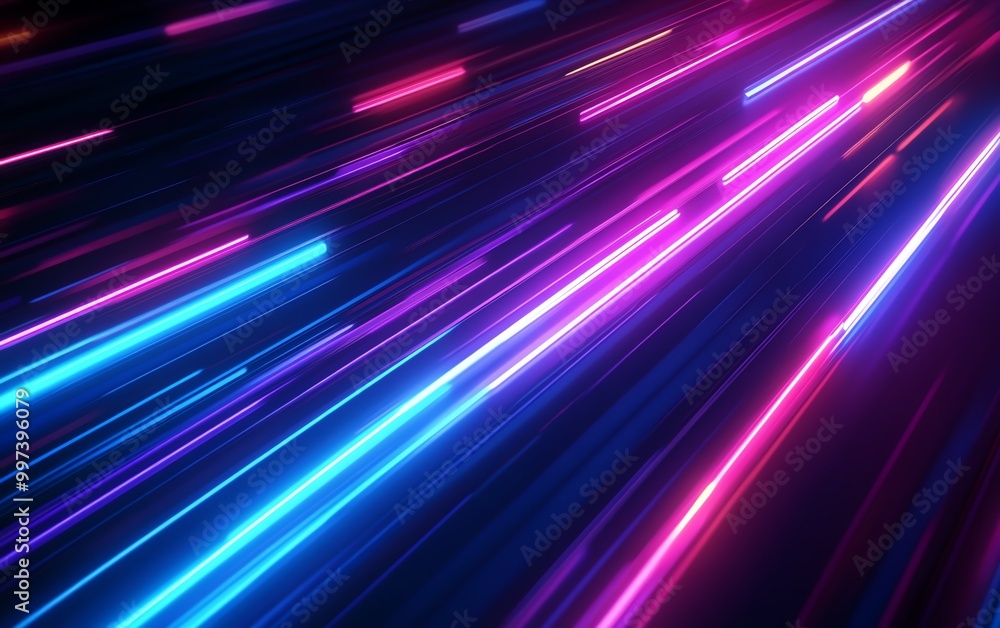 Poster hightech design with blue and purple straight light track lines, set against a black background, cre